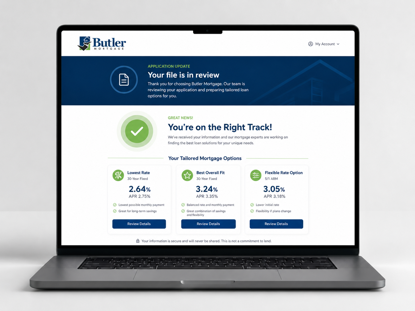 Butler Mortgage dashboard showing tailored mortgage options on laptop