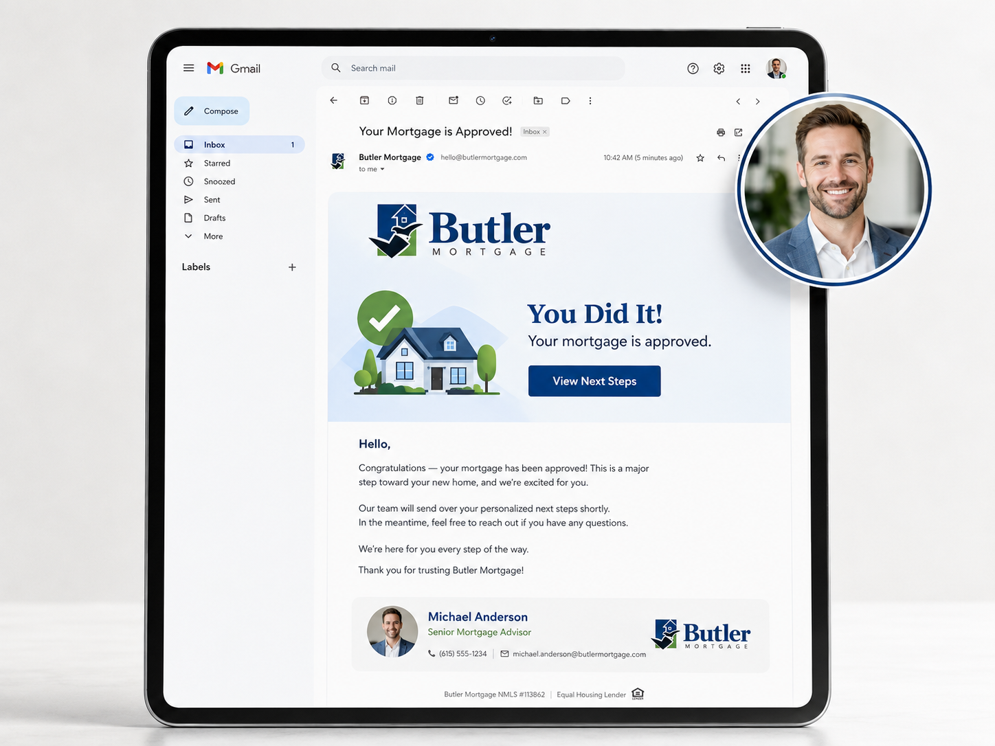 Butler Mortgage approval email with personal advisor support on tablet